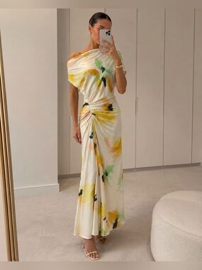 A.L.C One Shoulder Abstract Print Ruched Maxi Dress Size 4 Multicolor Silk Blend
